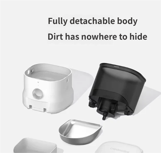 Exploded view of Dogness F11 Wi-Fi feeder’s fully detachable body parts for easy, thorough cleaning and maintenance.