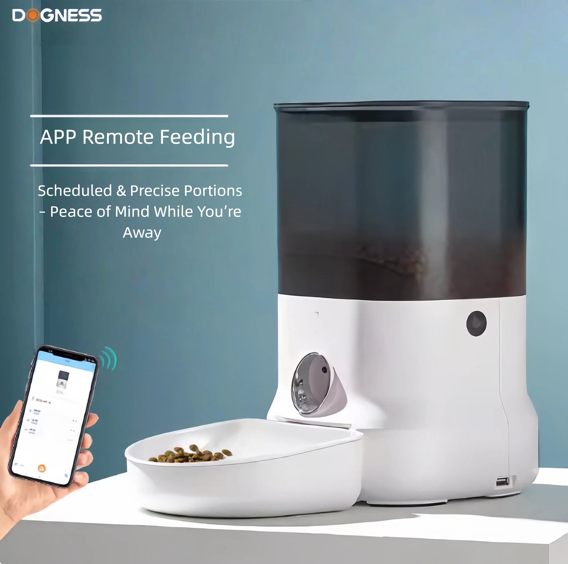 Hand holding smartphone scheduling meals via Dogness F11 Wi-Fi feeder app with precise portions and real-time notifications.