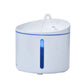 Dogness automatic cat water fountain in white with blue trim, featuring flowing water, transparent water level window, and sleek modern design