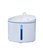 Dogness automatic cat water fountain in white with blue trim, featuring flowing water, transparent water level window, and sleek modern design