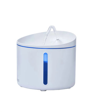 Dogness automatic cat water fountain in white with blue trim, featuring flowing water, transparent water level window, and sleek modern design