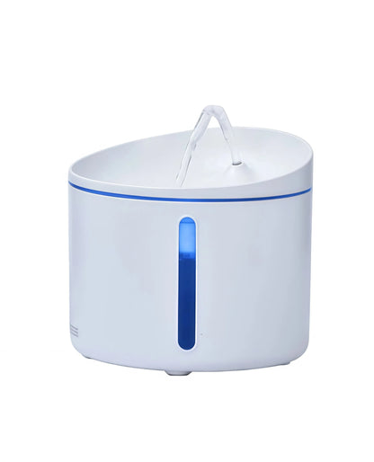 Dogness automatic cat water fountain in white with blue trim, featuring flowing water, transparent water level window, and sleek modern design