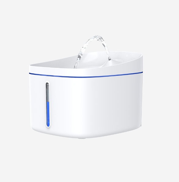 Side view of Dogness 3.2L electric water fountain showing compact oval shape, blue water level indicator, and smooth surface for easy cleaning
