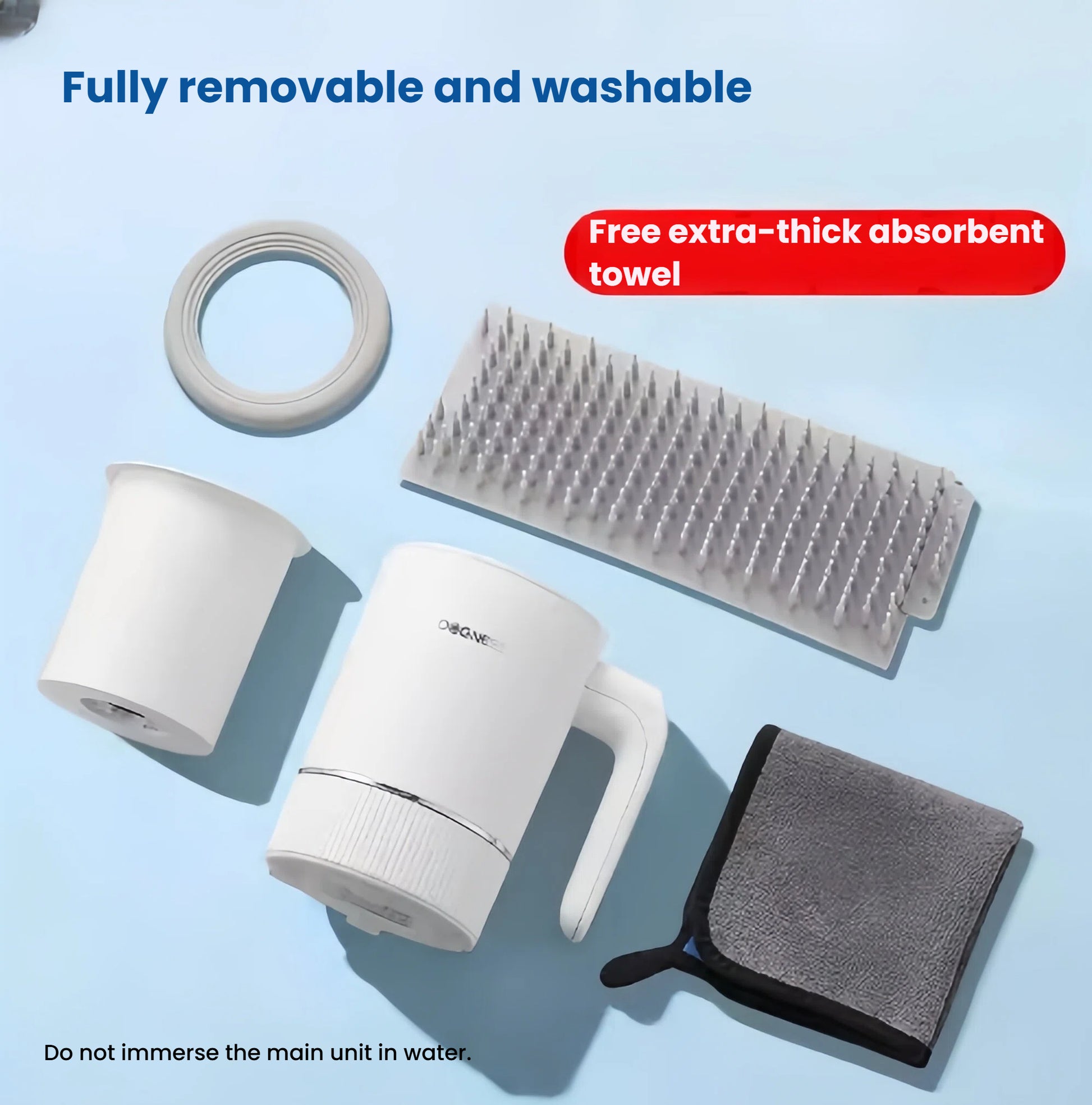 Disassembled view of Dogness Pet Paw Cleaner showing removable cup, silicone brush plate, rubber seal, and free extra-thick absorbent towel – easy to clean and maintain