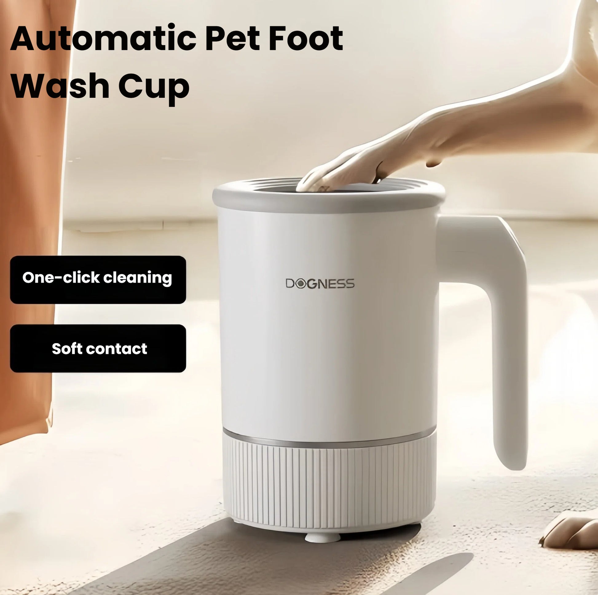 Dogness Automatic Pet Foot Wash Cup in white with ergonomic handle and soft silicone interior – ideal for quick and gentle paw cleaning at home