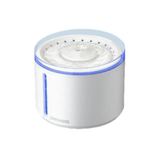 Dogness automatic pet water fountain in white color with transparent lid and blue LED ring, featuring a sleek cylindrical design and water level window for cats and small dogs