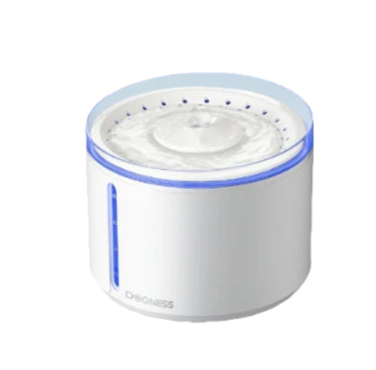 Dogness automatic pet water fountain in white color with transparent lid and blue LED ring, featuring a sleek cylindrical design and water level window for cats and small dogs
