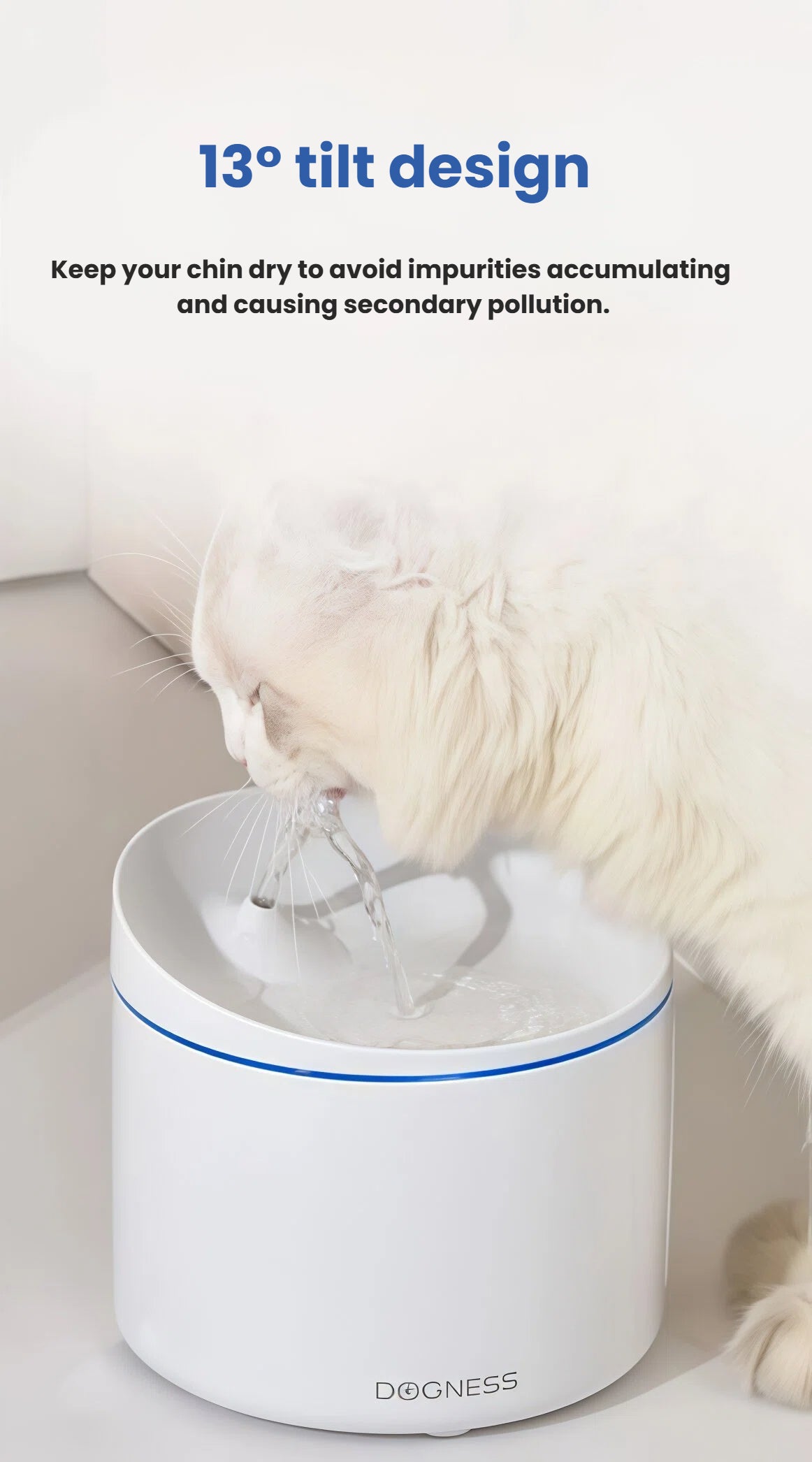 White cat drinking from Dogness water fountain with 13° tilt bowl design that keeps chin dry and prevents impurities from accumulating