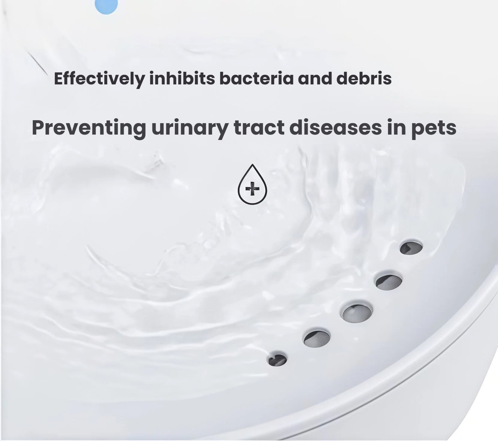 Close-up of Dogness water fountain filter system showing holes designed to inhibit bacteria and debris, helping prevent urinary tract infections in cats