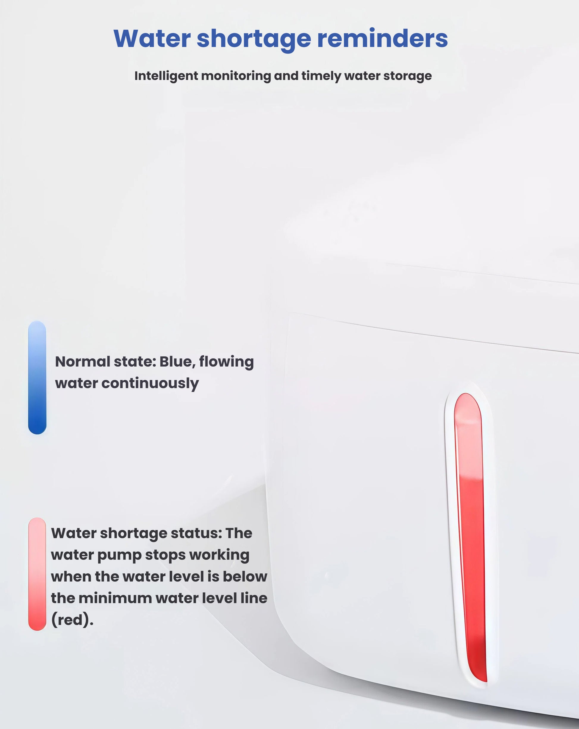 Close-up of Dogness water dispenser’s LED water level indicator: blue light shows normal operation, red indicates low water and pump shutdown