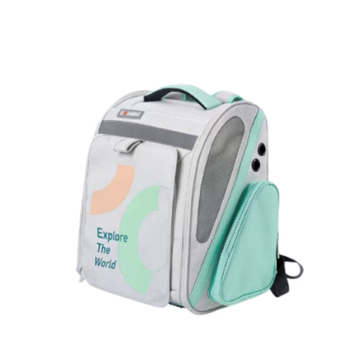 Dogness expandable cat backpack in mint green and gray with “Explore The World” print – lightweight, stylish, and designed for outdoor adventures with cats