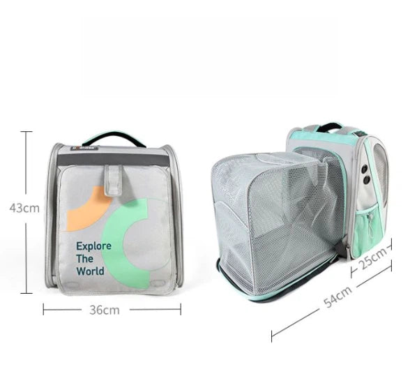 Expanded view of Dogness pet carrier showing increased interior space: 43cm height, 36cm width, 54cm depth – perfect for larger cats or extra room during travel