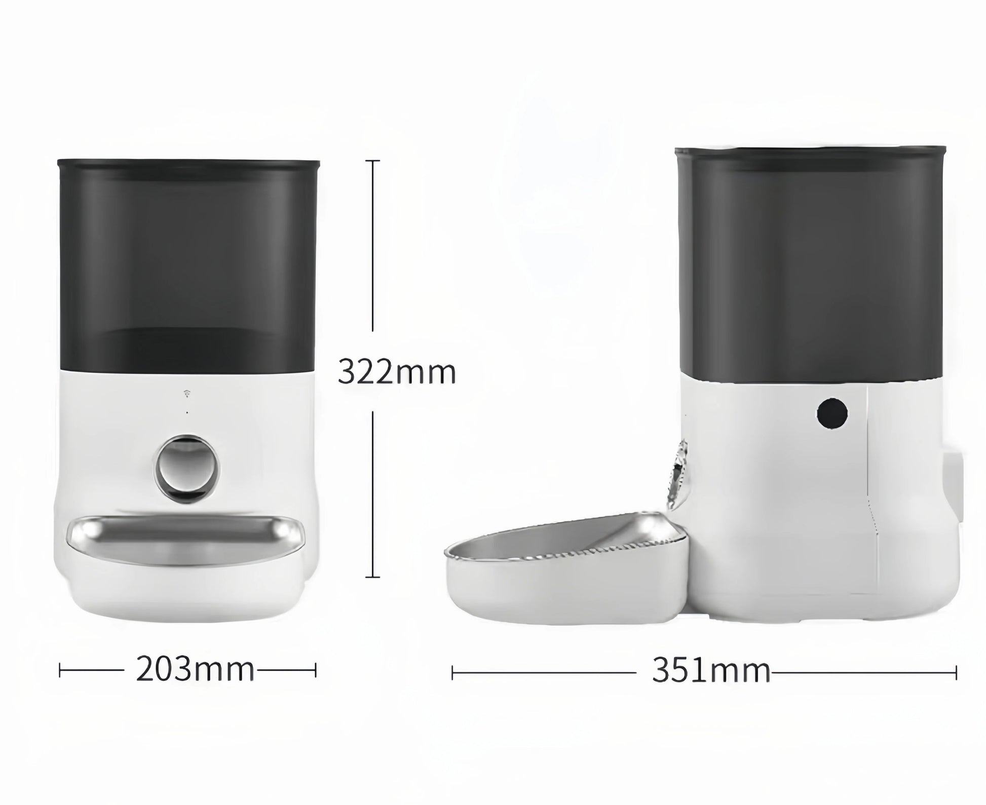 Technical diagram displaying height 322 mm, width 203 mm, and depth 351 mm of the Dogness F10 4 L automatic pet feeder for space planning.