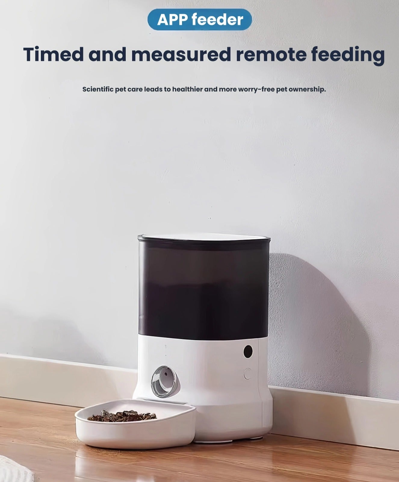 White and black Dogness F10 4L automatic pet feeder dispensing dry food into bowl on hardwood floor, app-controlled scheduling for cats and dogs.