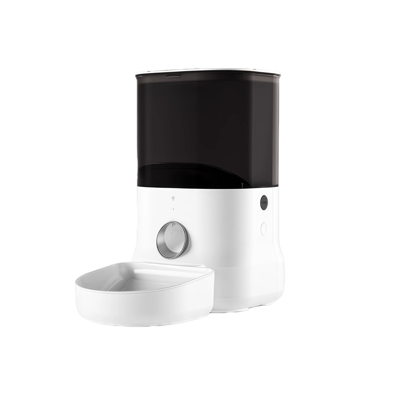 Front studio shot of the Dogness F10 4 L automatic pet feeder with matte black hopper and white base, paired with white plastic food bowl.