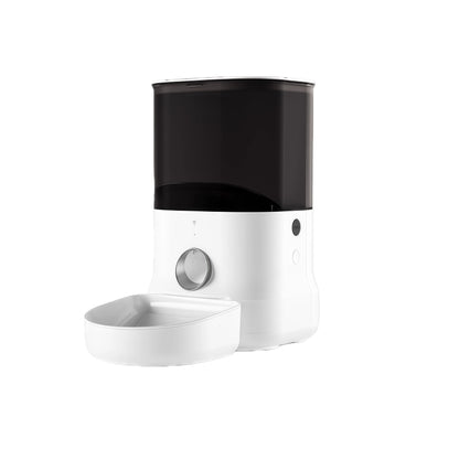 Front studio shot of the Dogness F10 4 L automatic pet feeder with matte black hopper and white base, paired with white plastic food bowl.