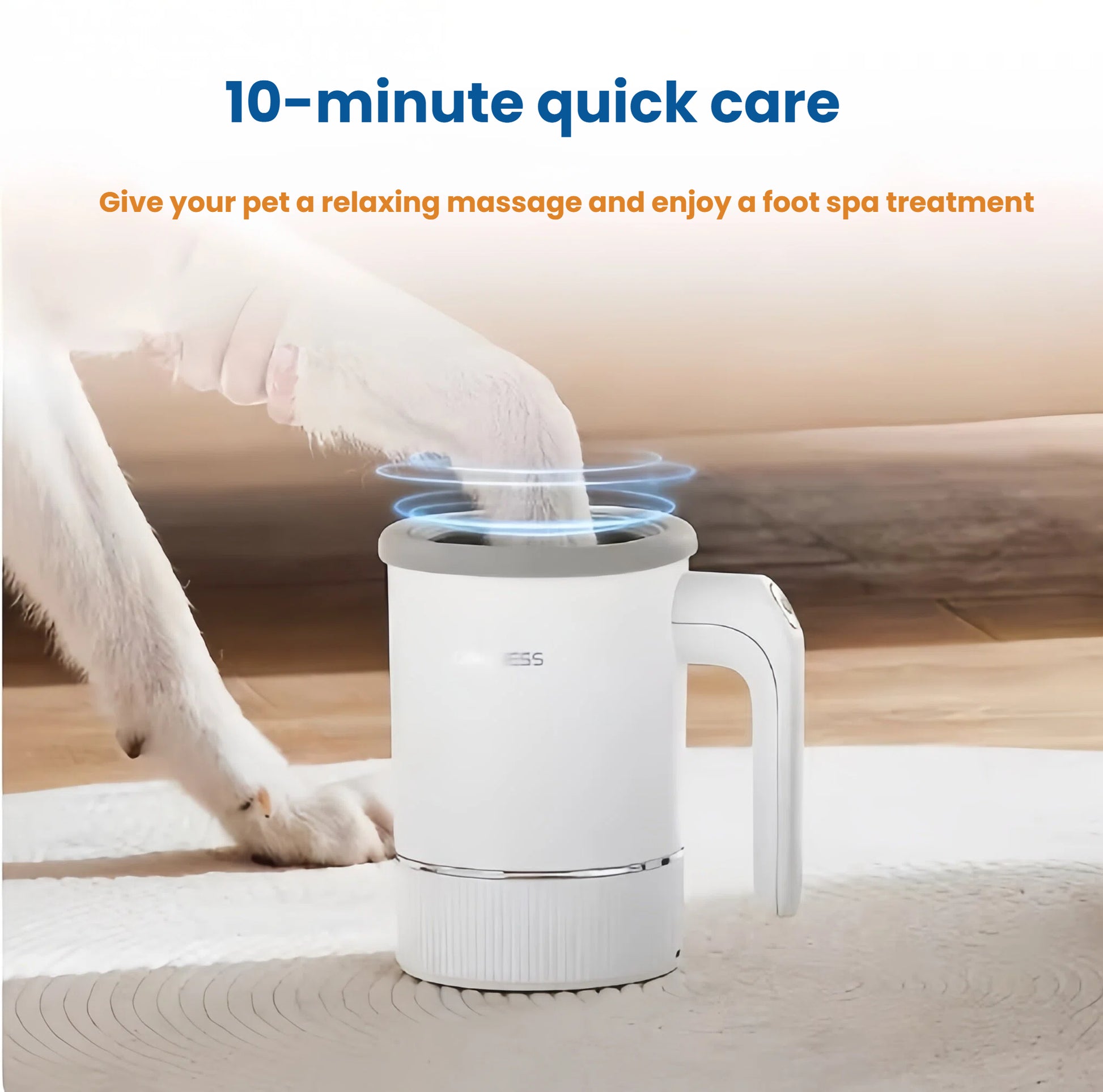 White dog placing paw into Dogness Automatic Pet Foot Wash Cup – receives a relaxing 10-minute massage and spa-like treatment with gentle rotation