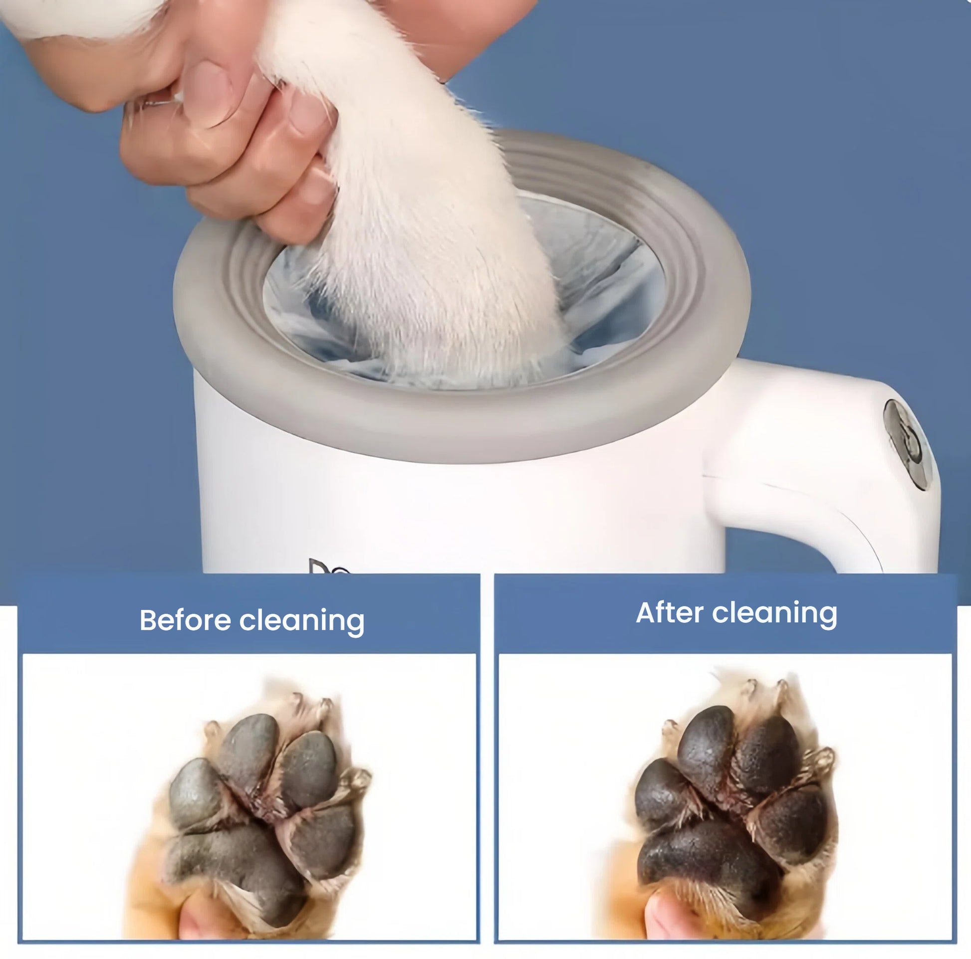Before and after comparison of a dog’s paw using Dogness Automatic Paw Cleaner – shows effective removal of dirt and debris from between paw pads