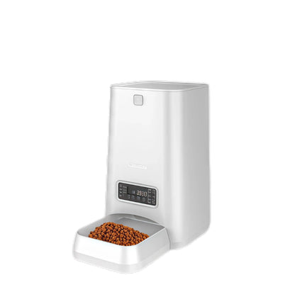 Front view of white Dogness 6L programmable pet feeder with digital button panel and stainless-steel bowl, no Wi-Fi required.