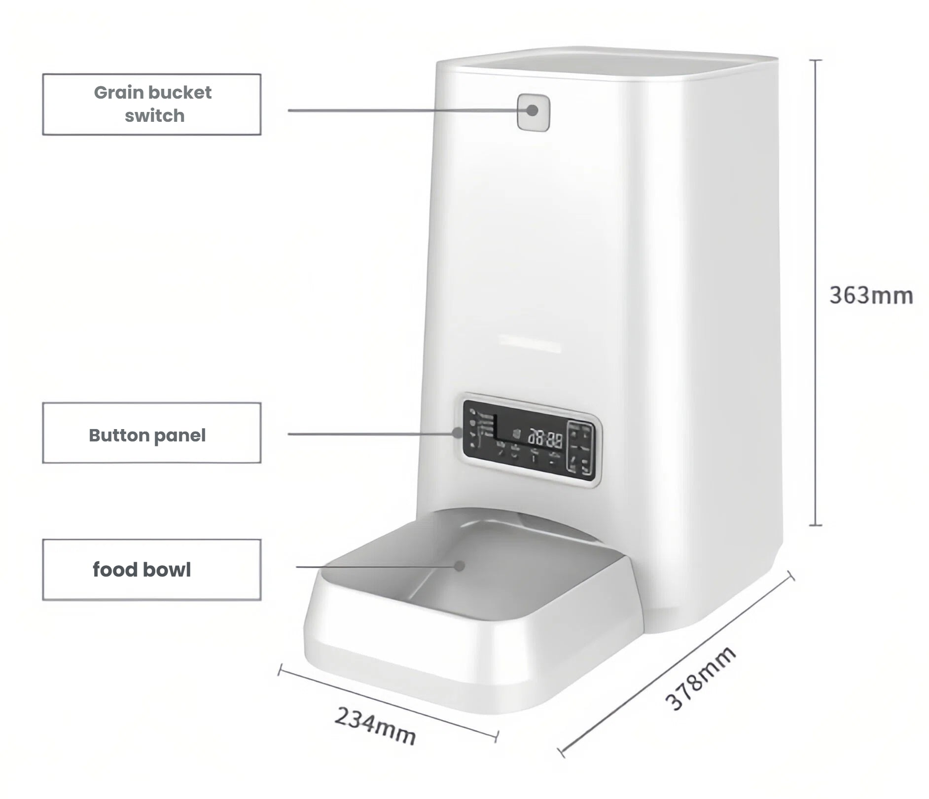 Technical diagram showing 363 mm height, 378 mm depth, 234 mm width, and labeled parts of the Dogness 6L button-controlled feeder.