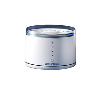 Dogness smart app-controlled water fountain in white with blue LED ring, featuring Wi-Fi symbol, power button, and sleek modern design for cats and small pets