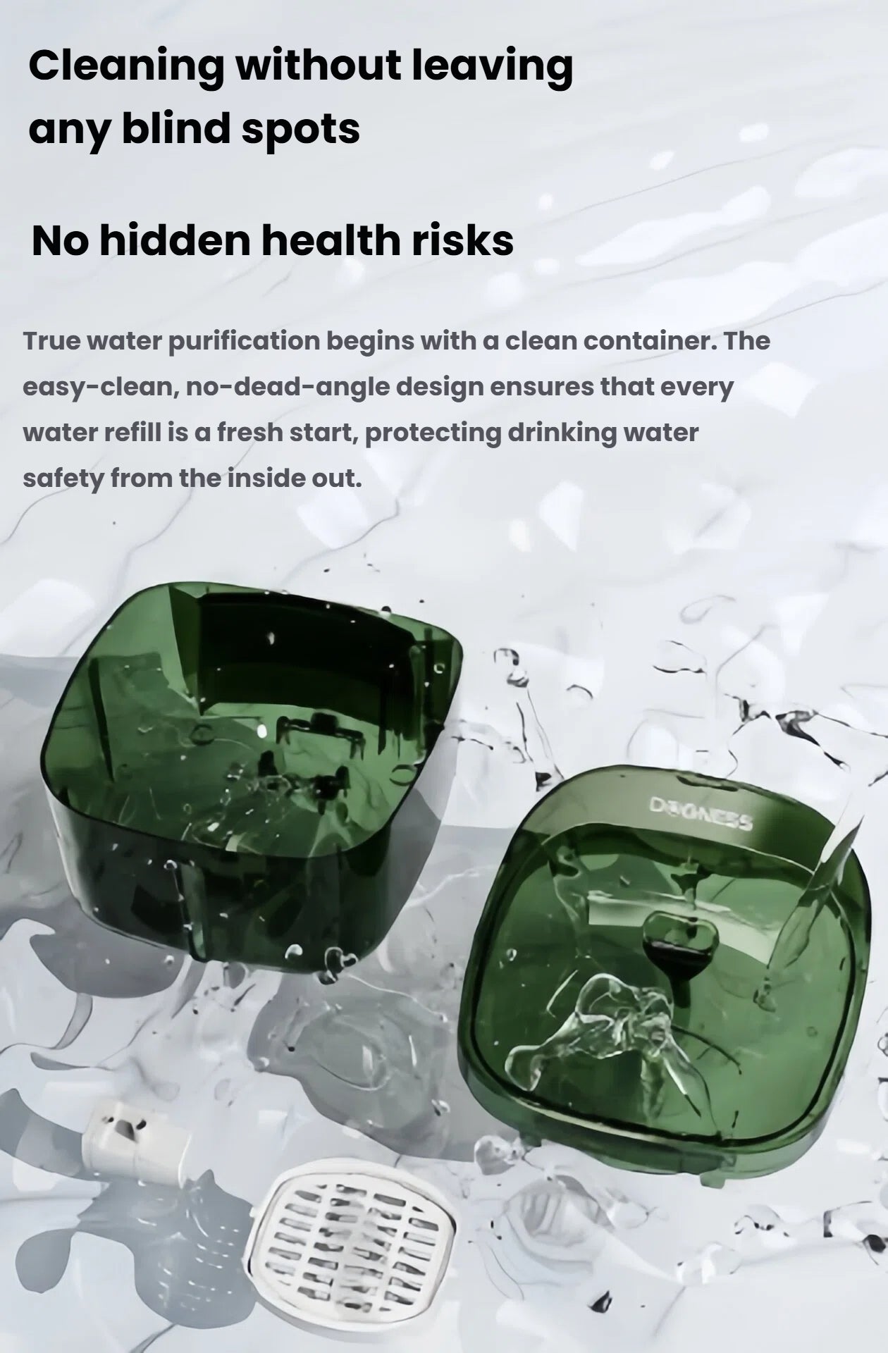 Dogness Smart Fountain disassembled into parts showing easy-clean design with no hidden corners – prevents bacteria buildup and ensures hygienic drinking water for pets