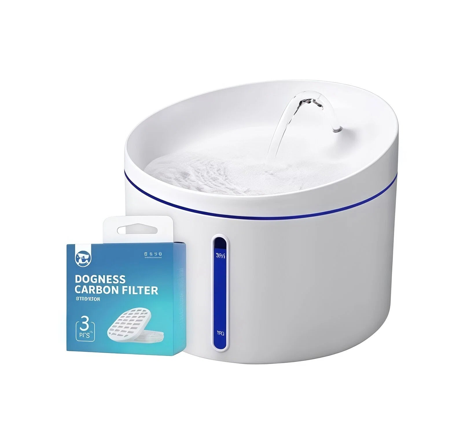 Dogness Smart Fountain Plus pet water dispenser with included 3-pack of carbon filters; complete kit for continuous water purification and fresh drinking water