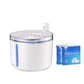 Dogness smart sensor water fountain in white color with transparent lid and blue LED indicator, displayed with two packs of replacement filters (3 pcs each) for cats and small pets