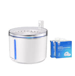 Dogness smart sensor water fountain in white color with transparent lid and blue LED indicator, displayed with two packs of replacement filters (3 pcs each) for cats and small pets