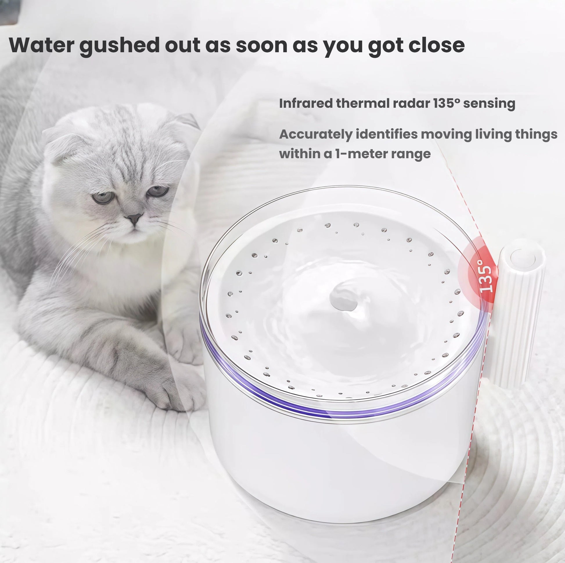 Dogness smart sensor water dispenser detecting nearby cat with 135° infrared thermal radar sensing, accurately identifying moving animals within 1-meter range for instant water flow