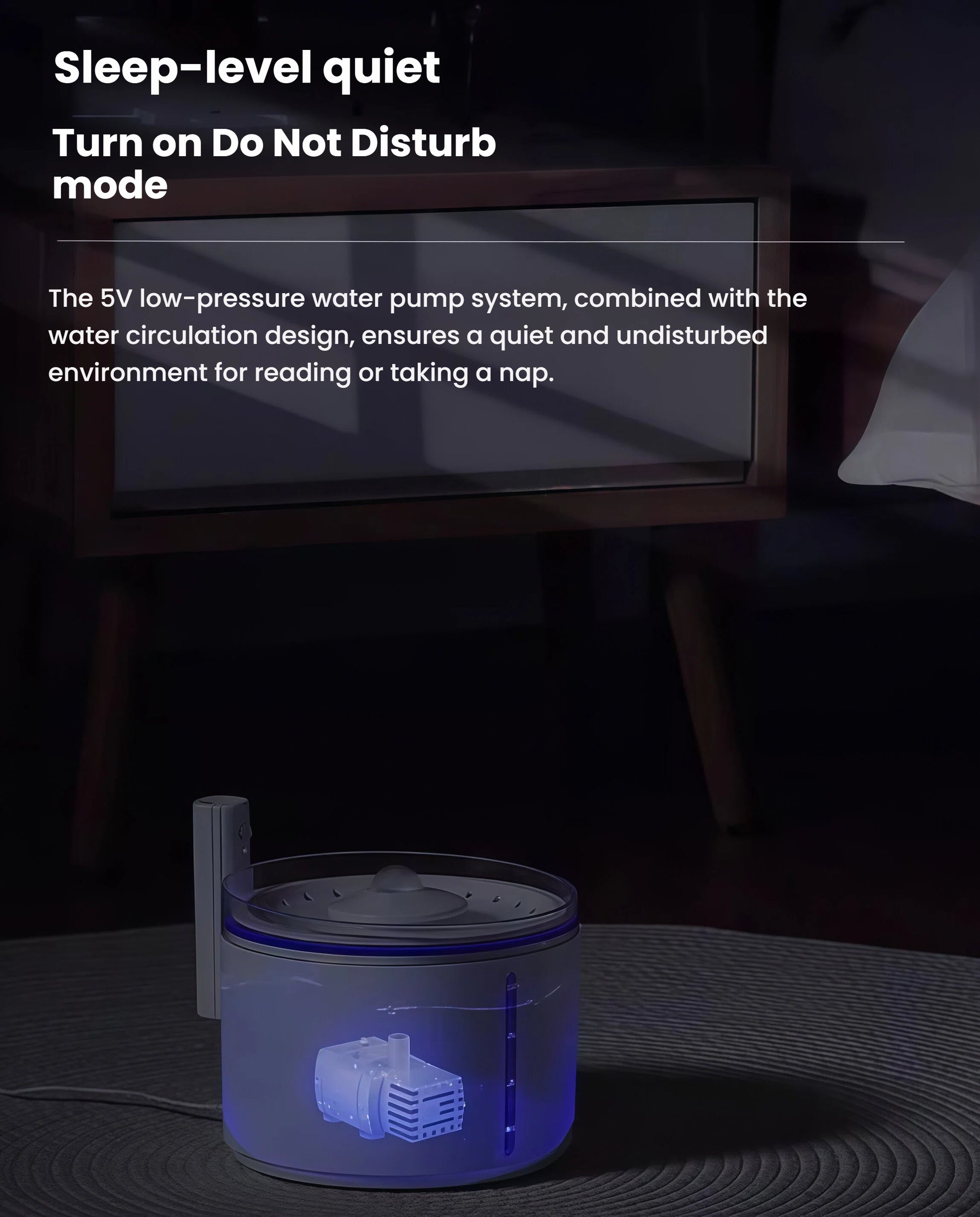 Dogness quiet water dispenser operating in low-noise mode with 5V low-pressure pump system, glowing softly in dark room to ensure peaceful sleep without disturbance