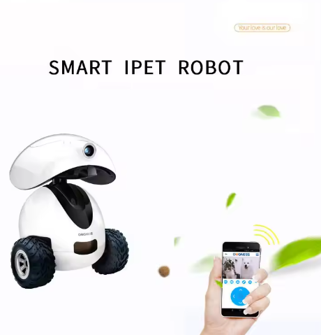White Dogness iPet Robot with smartphone showing live HD video feed, interactive controls, and treat dispensing function for remote pet monitoring and play