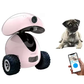 Dogness Smart iPet Robot pink pet robot with built-in HD camera and smartphone app control, shown with a pug dog and live video feed on mobile phone screen