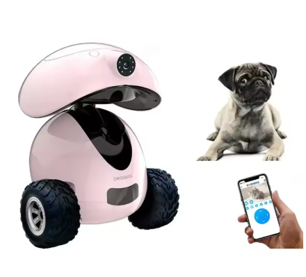 Dogness Smart iPet Robot pink pet robot with built-in HD camera and smartphone app control, shown with a pug dog and live video feed on mobile phone screen