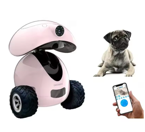 Dogness Smart iPet Robot pink pet robot with built-in HD camera and smartphone app control, shown with a pug dog and live video feed on mobile phone screen