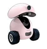 Close-up view of the Dogness Smart iPet Robot in pink color featuring high-definition camera lens, large rugged wheels, and sleek modern design for indoor pet care
