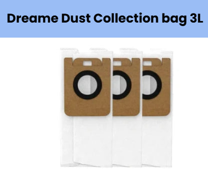 Dreame 3L dust collection bags for L10s Ultra and L20 Ultra robot vacuum cleaner – 3-pack of white dust bags with brown top and black sealing ring for odor-free, leak-proof dust containment.