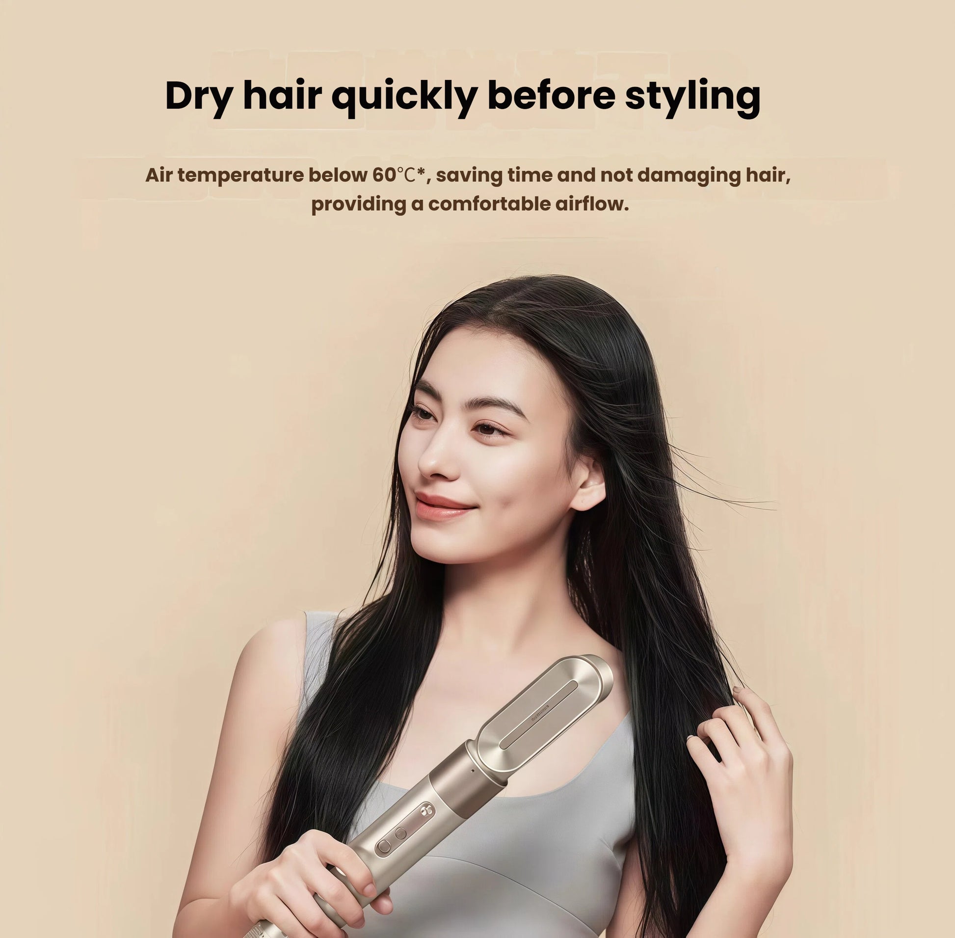 Woman using the Dreame AirStyle 6-in-1 hair dryer to dry long dark hair with cool air below 60°C, reducing heat damage while providing comfortable airflow for quick pre-styling drying