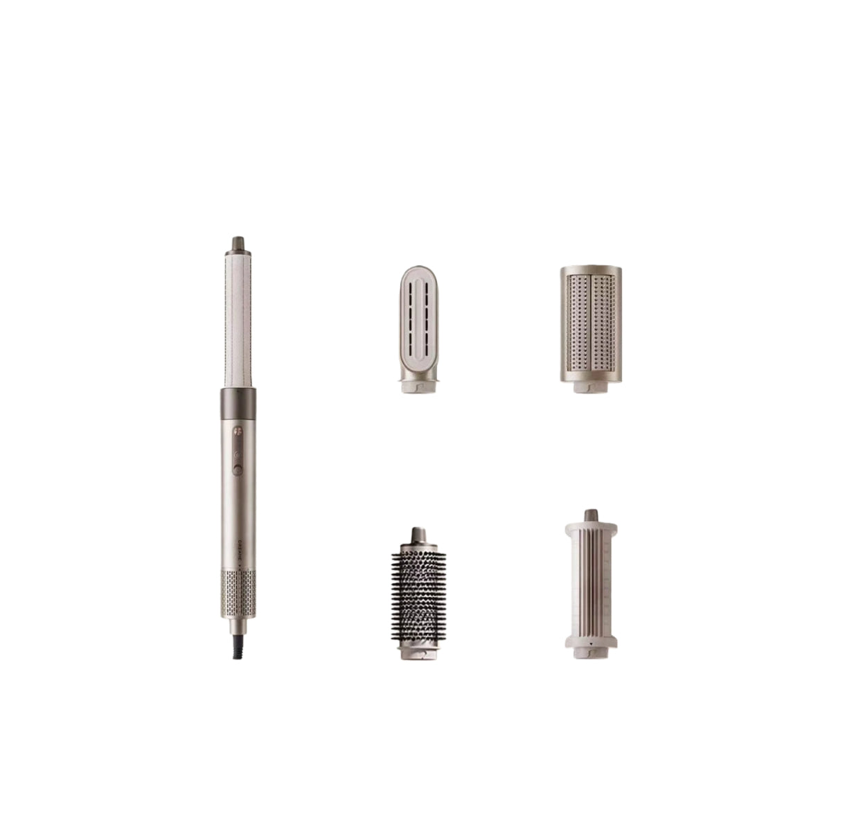 Full view of the Dreame AirStyle 6-in-1 hair dryer and styling tool with four included attachments: smooth round brush, diffuser, concentrator nozzle, and volume roller. Sleek metallic design with dual buttons for heat and airflow control.