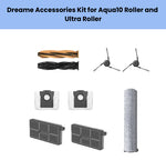 Dreame Aqua10 Roller and Ultra Roller accessory kit including 2 main brushes (1 orange, 1 black), 2 side brushes, 2 HEPA filters, 2 dust bin filters, and 1 grey cylindrical mopping roller for optimal cleaning performance and maintenance