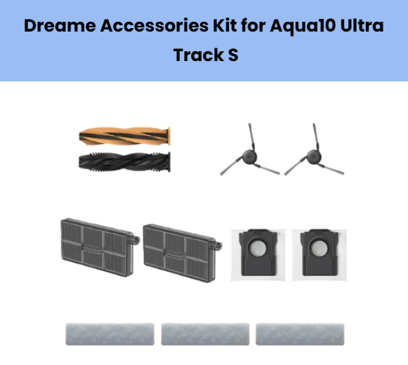 Dreame Aqua10 Ultra Track S accessory kit including 2 main brushes (1 orange, 1 black), 2 side brushes, 2 HEPA filters, 2 dust bin filters, and 3 grey microfiber mopping cloths for optimal cleaning performance and maintenance.