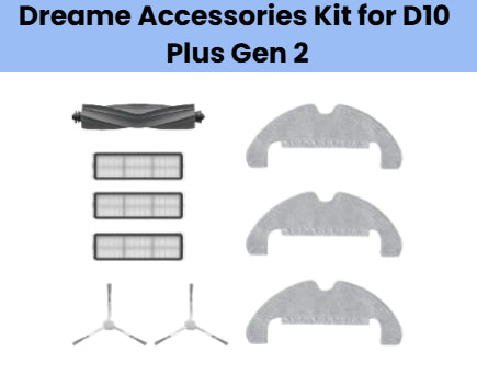 Dreame accessories kit for D10 Plus Gen 2 robot vacuum including 3 grey U-shaped mopping cloths, 1 black anti-tangle main brush, 3 rectangular HEPA filters, and 2 side brushes for optimal cleaning performance on hard floors.

