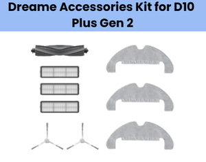 Dreame accessories kit for D10 Plus Gen 2 robot vacuum including 3 grey U-shaped mopping cloths, 1 black anti-tangle main brush, 3 rectangular HEPA filters, and 2 side brushes for optimal cleaning performance on hard floors.

