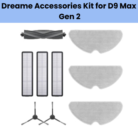 Dreame accessories kit for D9 Max Gen 2 robot vacuum including 3 grey U-shaped mopping cloths, 1 black anti-tangle main brush, 3 rectangular HEPA filters with white pleated media, and 2 black dual-arm side brushes for efficient cleaning on hard floors.