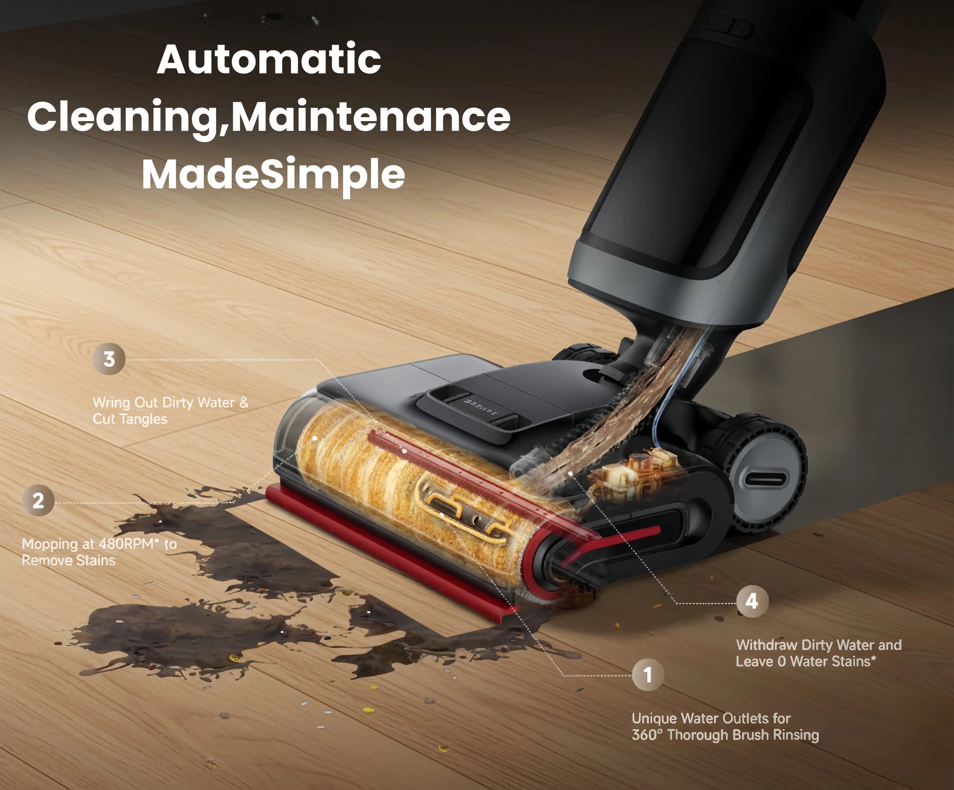 The Dreame H15 Pro's powerful anti-tangle system in action, designed to wipe out 1,000 hairs in a single clean, with the detachable, easy-to-clean brush roller displayed in front.