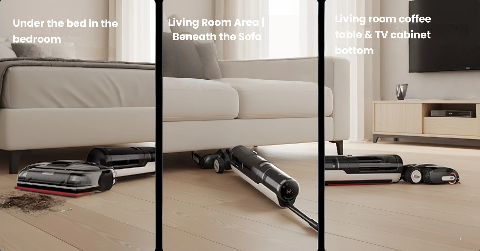 A collage showing the Dreame H15 Pro's lay-flat design cleaning hard-to-reach spaces, including under a bed, beneath a sofa, and under a TV cabinet, ensuring a thorough clean throughout the home.