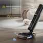 The Dreame H15 Pro sanitizing a wooden floor with a white Maltese dog in the background, highlighting its 99.99% bacterial and viral elimination rate for a hygienic home, perfect for pet owners.