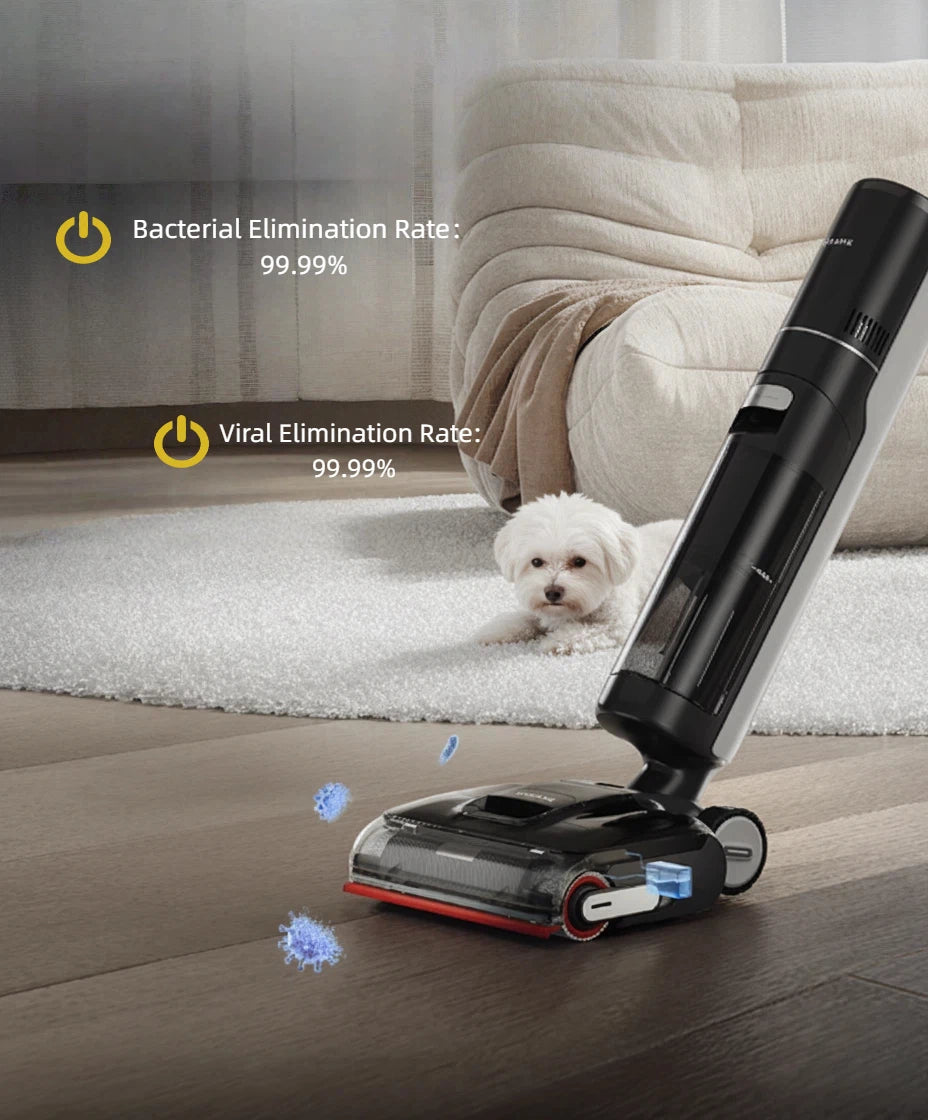 The Dreame H15 Pro sanitizing a wooden floor with a white Maltese dog in the background, highlighting its 99.99% bacterial and viral elimination rate for a hygienic home, perfect for pet owners.