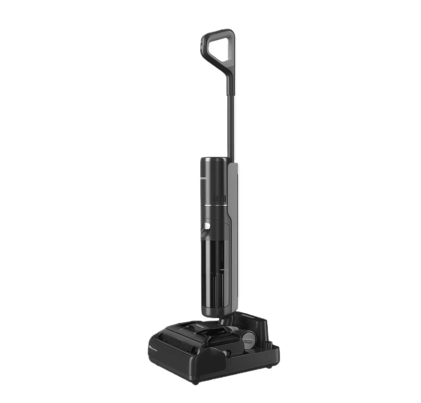 A studio product photo of the black Dreame H15 Pro wet and dry vacuum standing upright in its self-cleaning and charging base against a solid white background