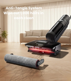 The Dreame H15 Pro's powerful anti-tangle system in action, designed to wipe out 1,000 hairs in a single clean, with the detachable, easy-to-clean brush roller displayed in front.